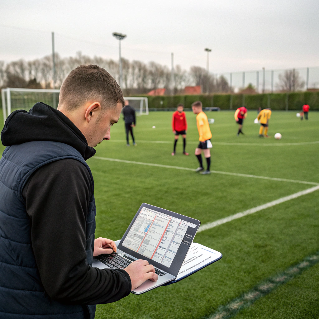 Un recruteur de football analysant des statistiques de joueurs sur un écran, avec des jeunes joueurs s'entraînant en arrière-plan. L'image illustre le processus stratégique de recrutement et de détection de talents dans le football.