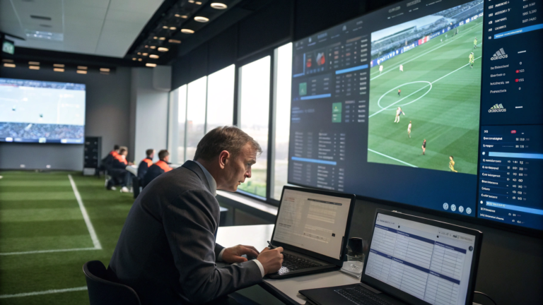 Un manager de football dans une salle de stratégie, analysant des statistiques et des vidéos sur des écrans géants. En arrière-plan, des jeunes joueurs s'entraînent sur un terrain de football. L'image illustre l'environnement technologique et professionnel utilisé pour la planification tactique et le recrutement dans le football de haut niveau.